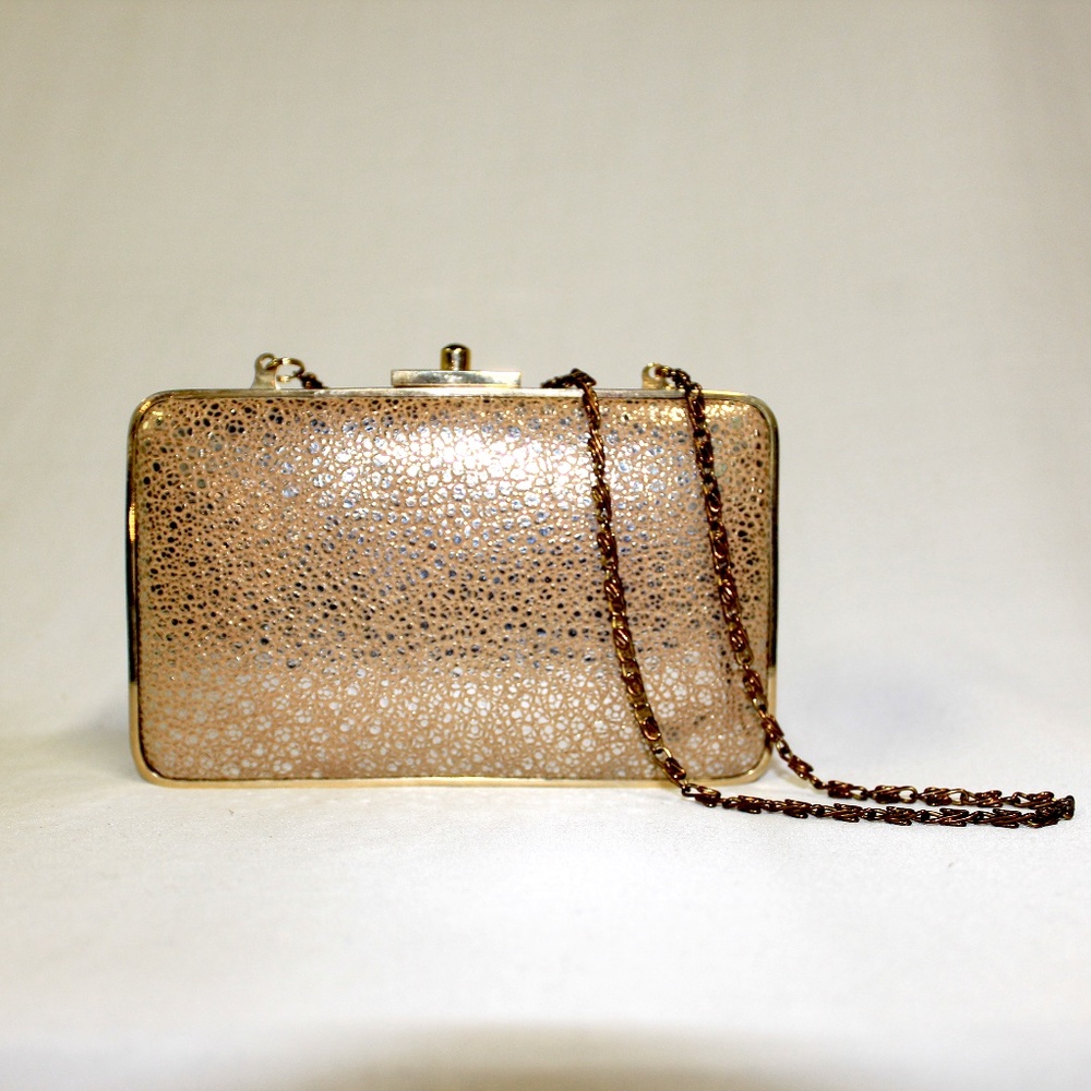Champagne Leather Box Purse Clutch on Chain